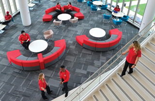 Rutgers University-Camden Nursing students in the atrium of the new Nursing and Science building 